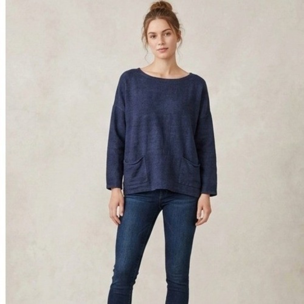 Eileen Fisher Navy Blue Organic Linen Cotton Boxy Sweater Long Sleeve Pockets L